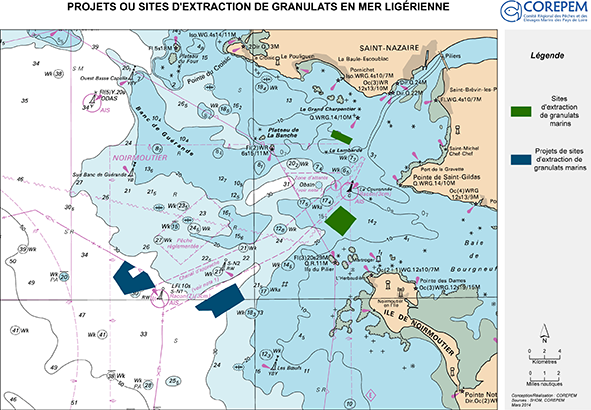 Carte  des projets ou sites d'extraction de granulats en mer ligérienne